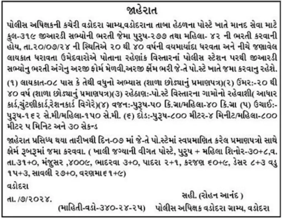 GRD Vadodara Recruitment 2024: GRD વડોદરા ભરતી
